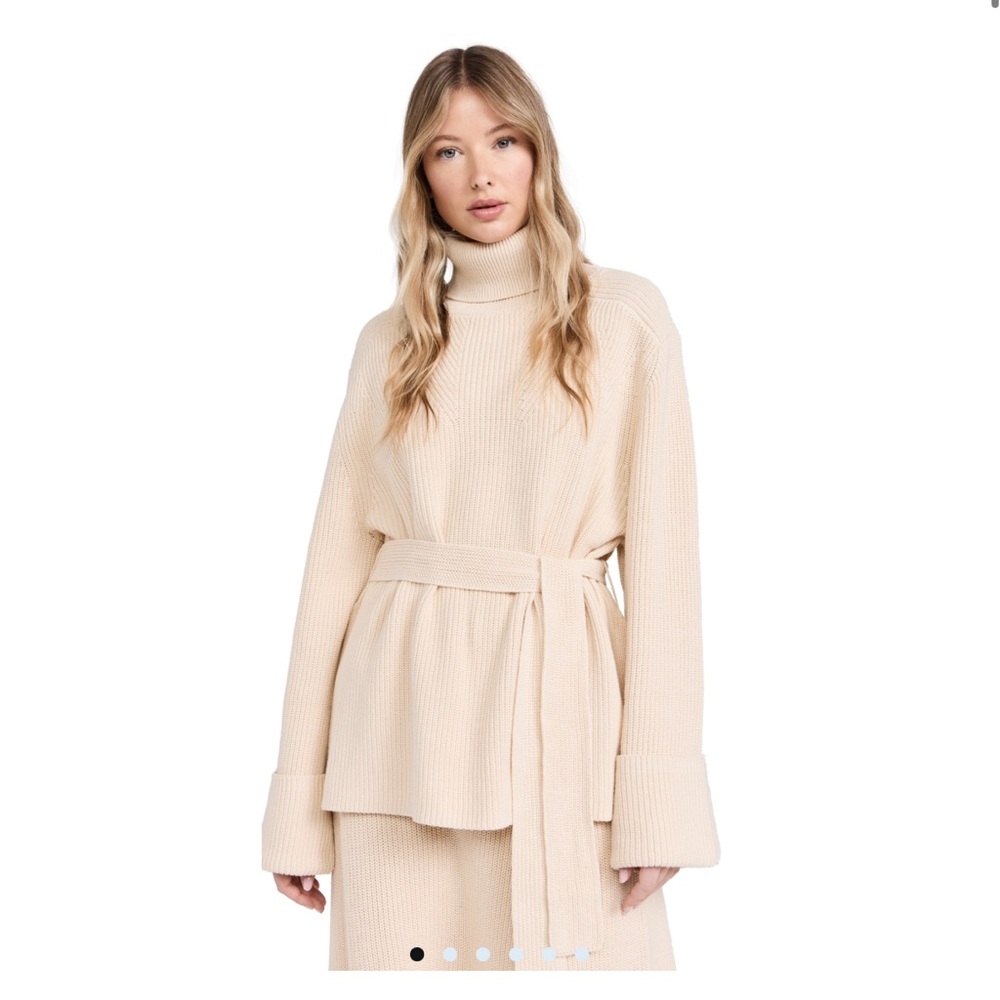 Turtleneck Belted Rib-Knit Sweater - Cream